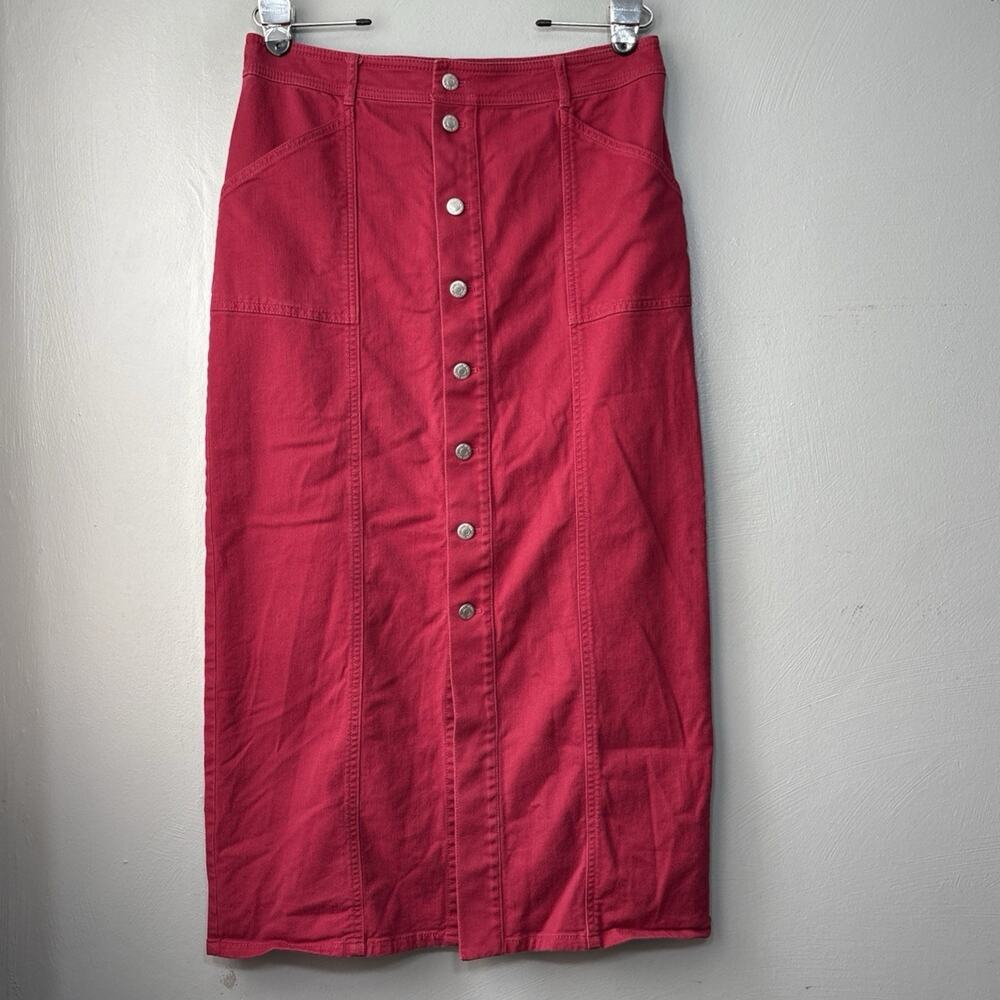 LOFT Red 90s Mom Denim Skirt Size 10 Straight Long Button Modest Country Casual